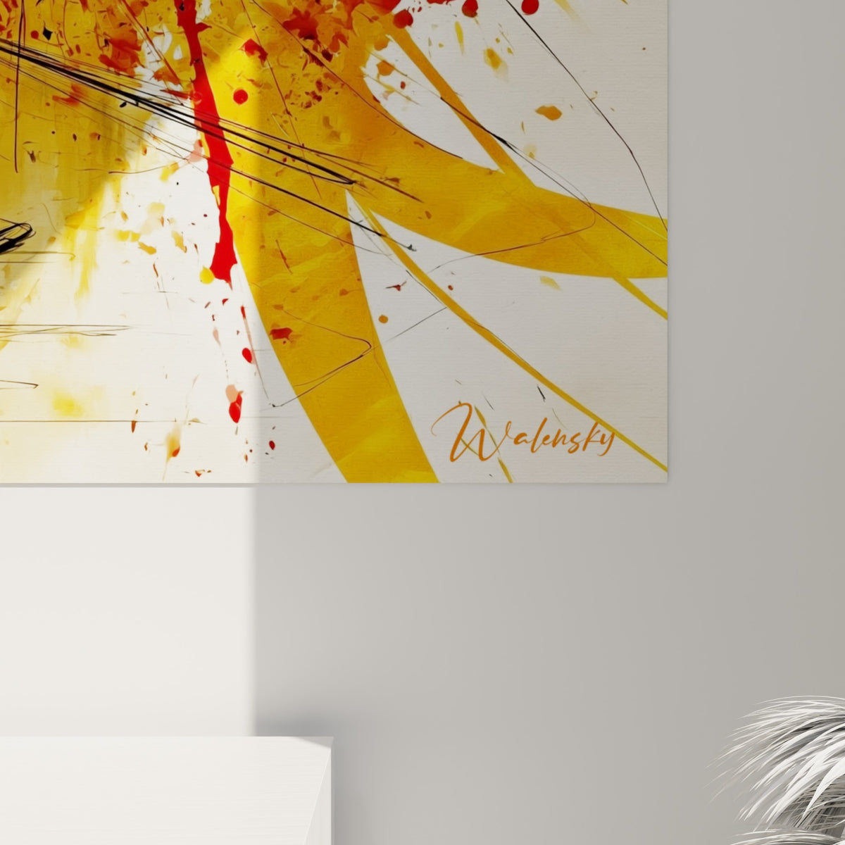 Empâtements de peinture jaune et rouge, coulures et grain de toile visibles sur cette œuvre urbaine