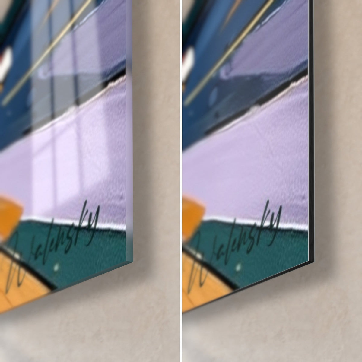 Tableau skateur en saut, coin bas droit : plages lilas et vert sapin, signature, verre brillant à gauche, Dibond noir mat à droite
