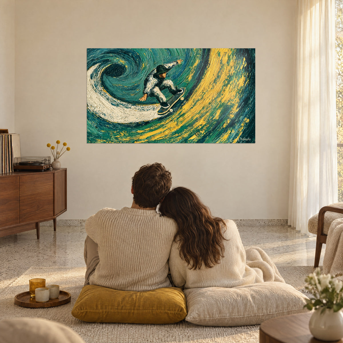 Wall art of a skater at the heart of a great sea swell, sun-yellow spiral on deep green, in front of a couple seated on mustard cushions