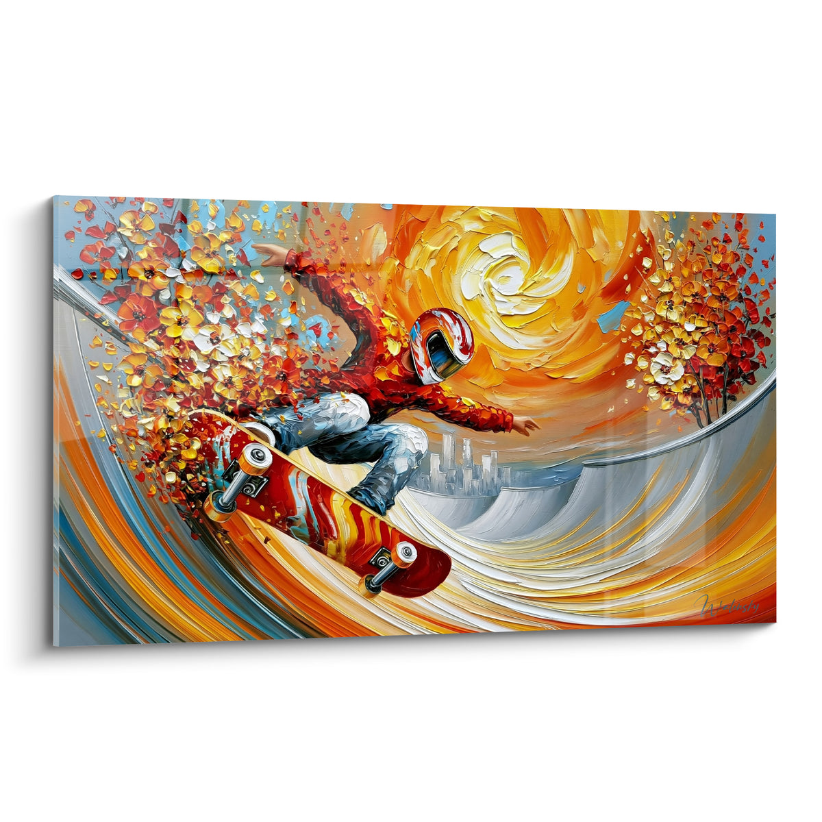 Skateur casqué en plein saut, rouge et orangé, entouré de fleurs éclatées et d'un tourbillon doré