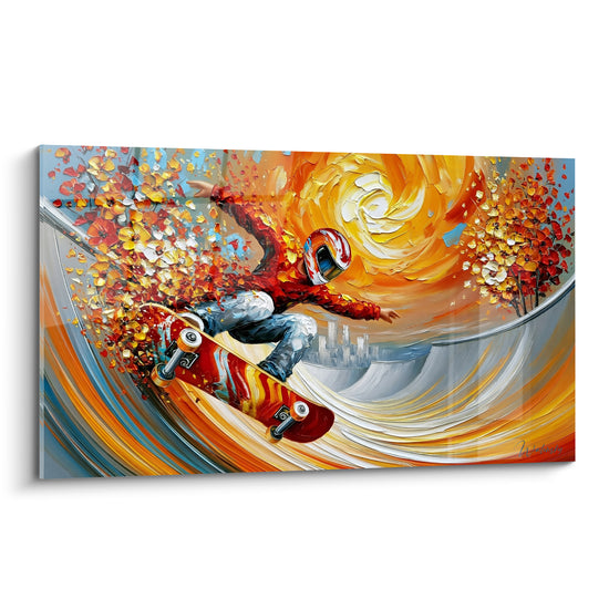 Tableau Skateur casqué rouge et orange parmi fleurs éclatées - Tourbillon solaire doré - Edition Skateboard