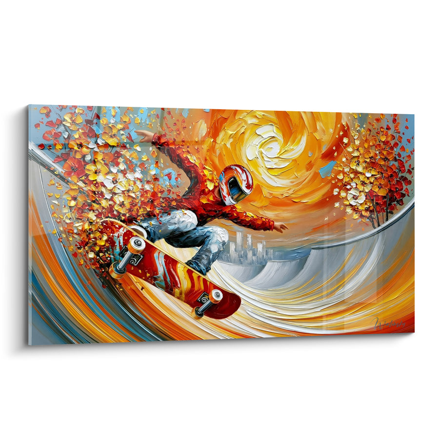 Tableau Skateur casqué rouge et orange parmi fleurs éclatées - Tourbillon solaire doré - Edition Skateboard
