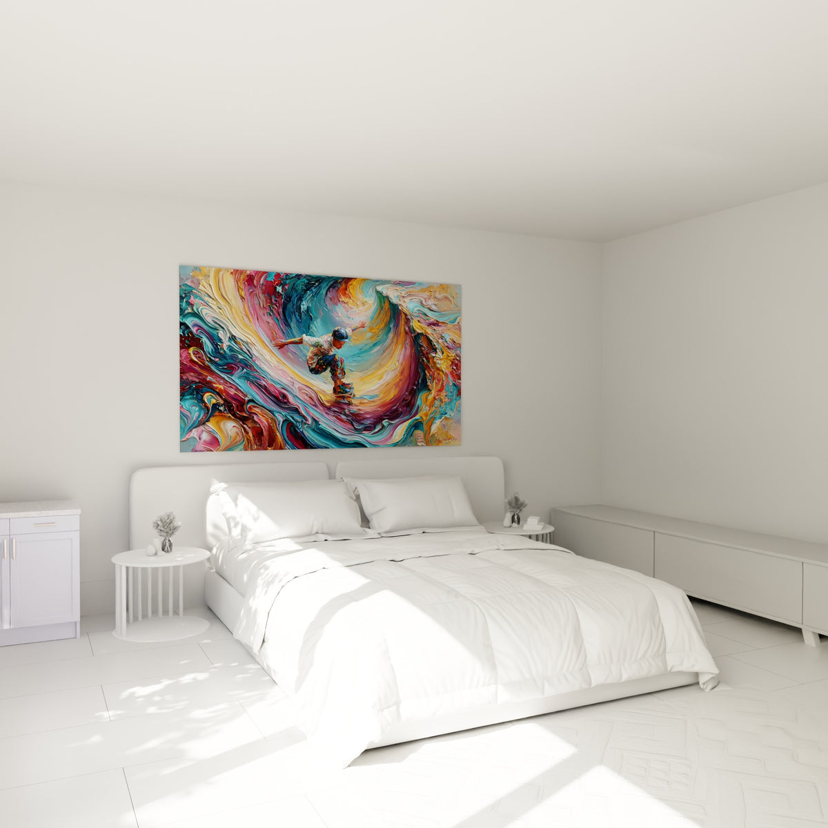 Rider en équilibre parmi des vagues pourpres et bleu pastel, accroché au-dessus d'un lit dans une chambre claire