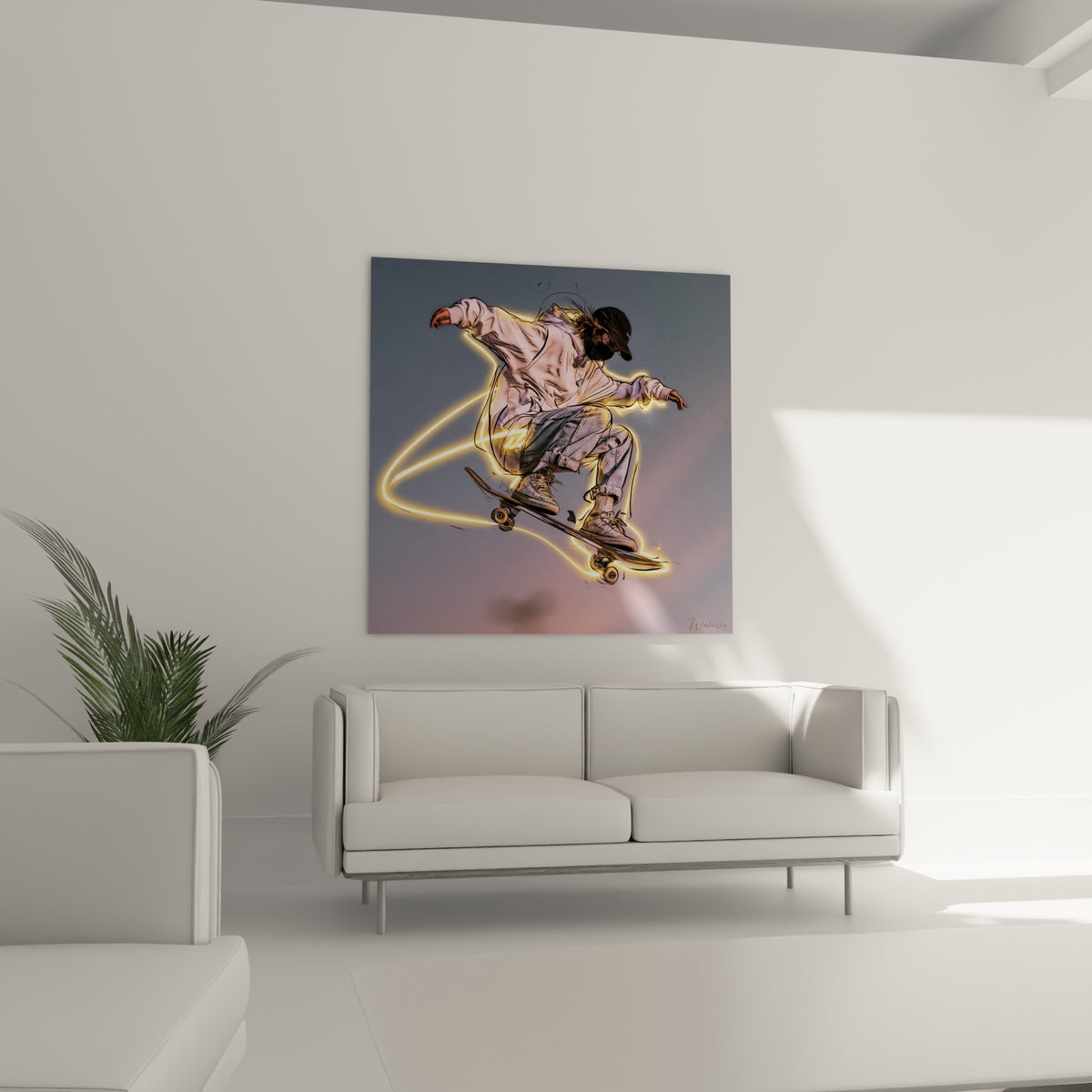 Silhouette dynamique aux tons gris et dorés capturée en plein envol, au-dessus d'un canapé dans un salon lumineux