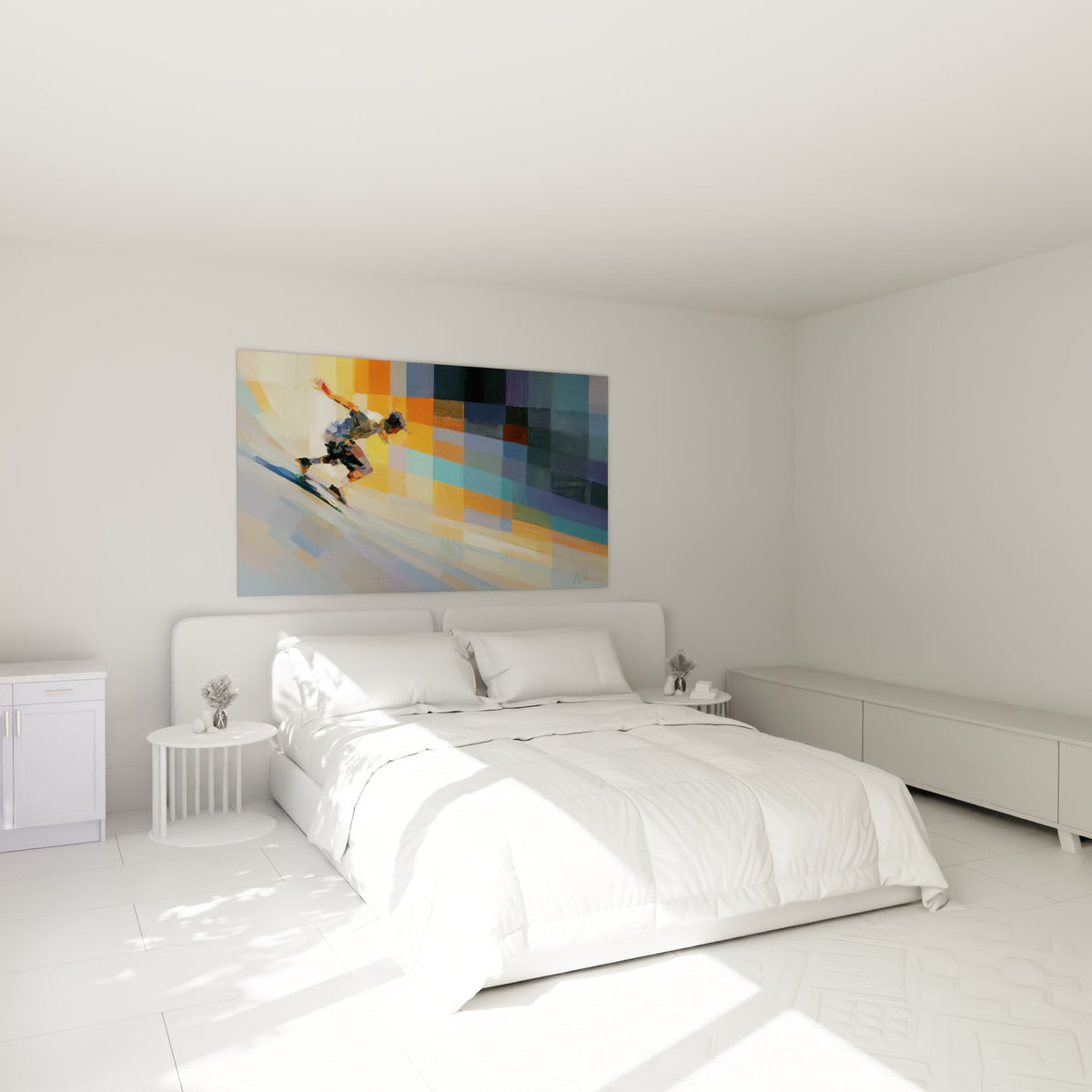 Silhouette de skateur en pleine glisse, tons orange et turquoise, au-dessus d'un lit dans une chambre claire