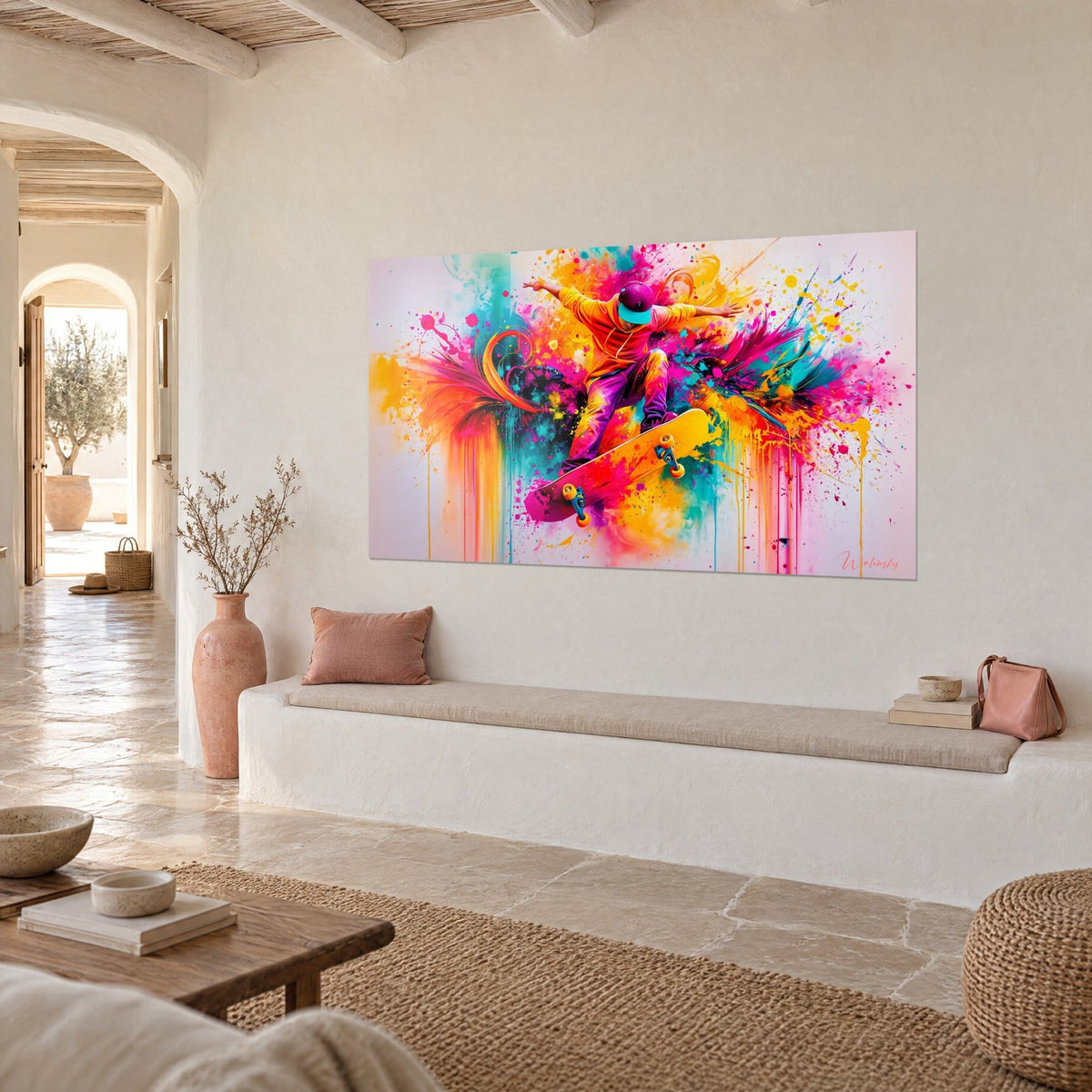 Tableau acrobate en équilibre sur son skateboard, explosion de peinture magenta, orange et turquoise, mur crème et banquette blanche d'une maison méditerranéenne