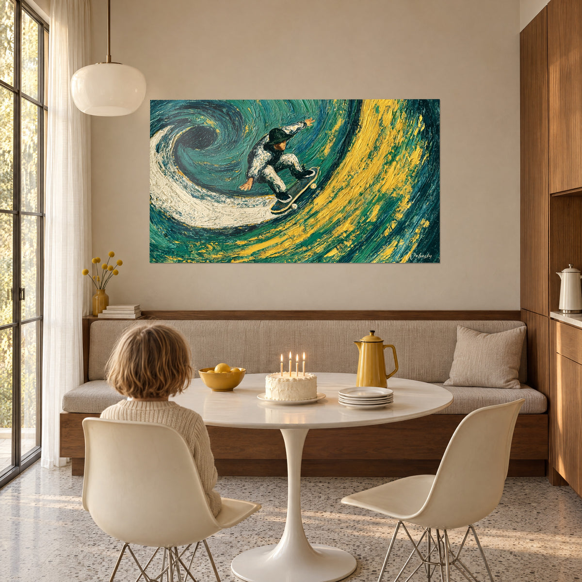 Wall art of a figure in a black hat with arm outstretched on a board, saffron yellow and teal swirls, birthday cake on the table