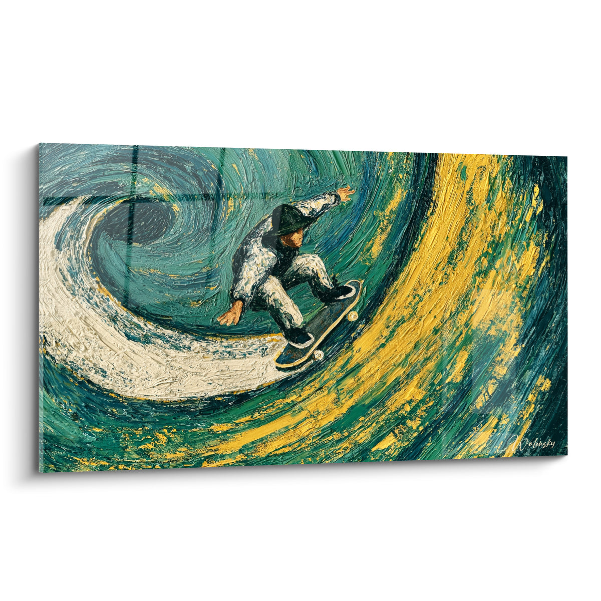 Skateur en tenue blanche dévalant une vague turquoise et jaune moutarde en tourbillon.