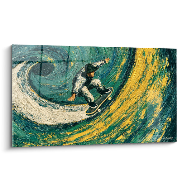Schilderij Skater in een wervelende turquoise en gele golf - Duizelingwekkende draai - Skateboard Editie
