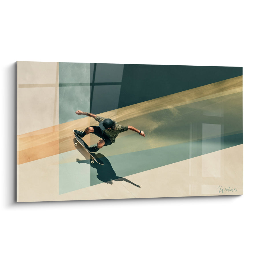 Tableau Skateur penché sur bandes ocre et vertes - Équilibre en mouvement - Edition Skateboard