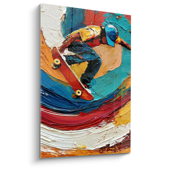 Tableau Skateur casque bleu et turquoise en virage - Vague de peinture épaisse - Edition Skateboard