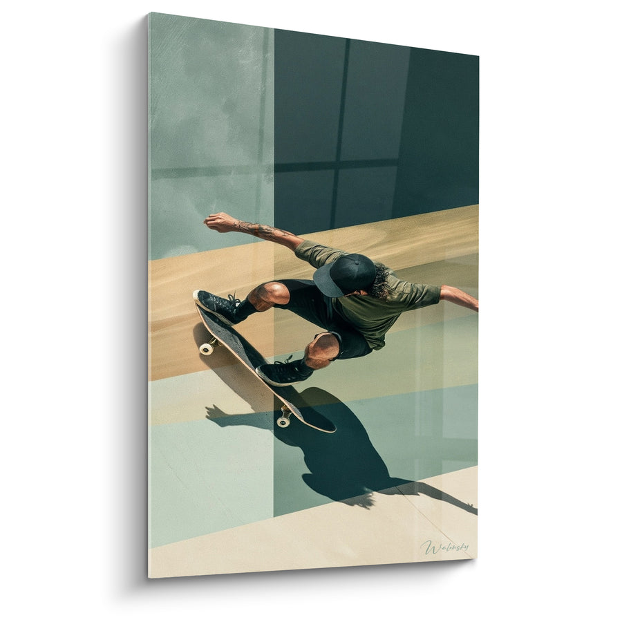 Tableau Skateur vert et beige aux blocs géométriques - Ombre portée diagonale - Edition Skateboard