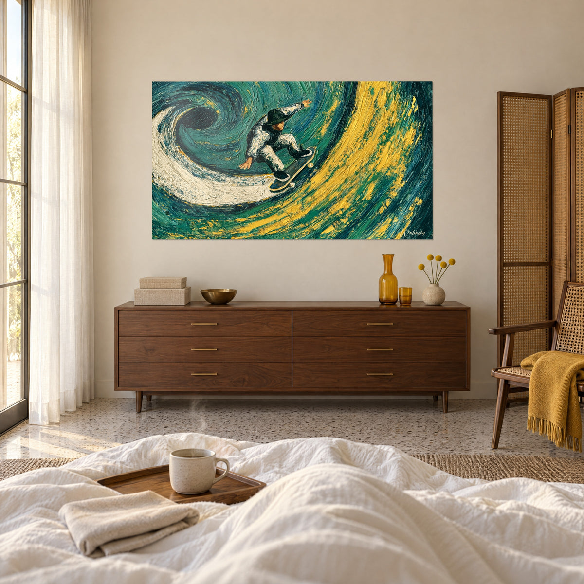 Wall art of an ocean vortex where a skater glides, turquoise spiral streaked with mustard yellow, above a bed in a light bedroom