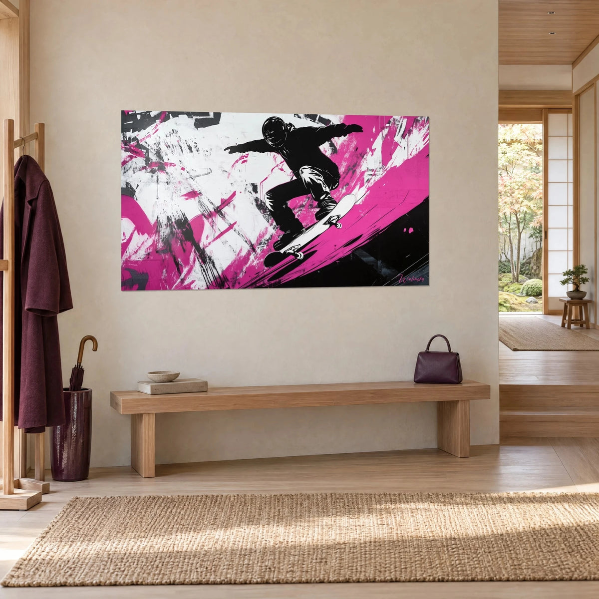 Street-Art-Gemälde eines behelmten Boarders im Sprung, leuchtend rosa Schlieren auf schwarzweißem Grund, in einem japandi Eingangsbereich