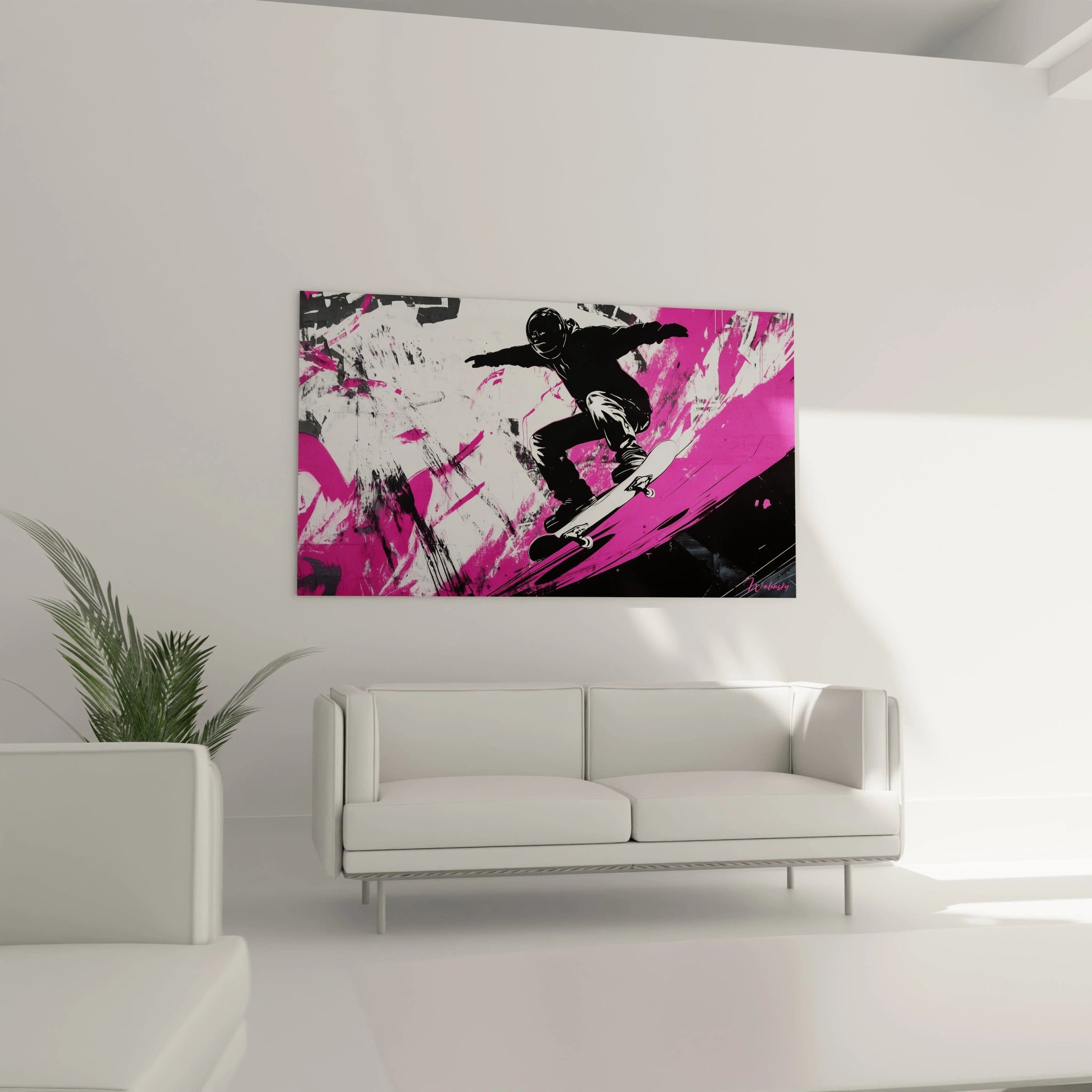 Un tableau street art minimaliste aux couleurs contrastées noir, rose fuchsia et blanc, montrant un skateur en pleine action sur une vague graphique, avec des textures d'éclaboussures et de traits dynamiques évoquant la vitesse et la liberté.
