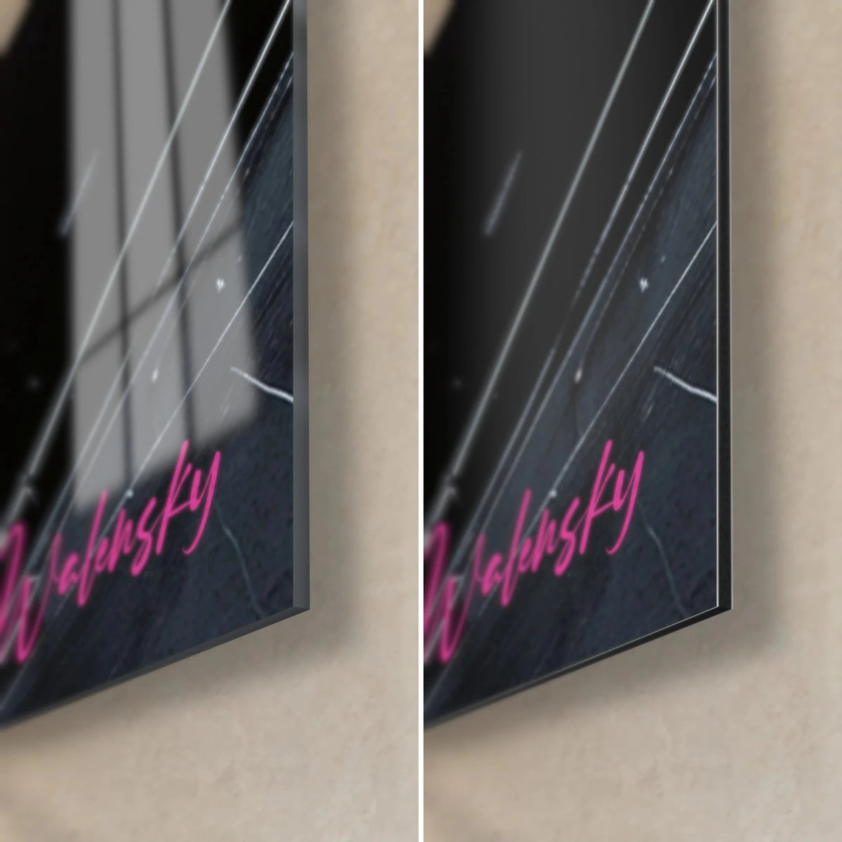 Gemälde eines Riders als schwarzer Schatten, untere rechte Ecke: fuchsiafarbene Signatur auf glänzendem Acrylglas und mattschwarzem Dibond-Aluminium, 3 mm Kante