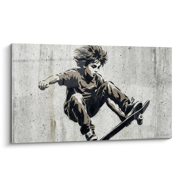 Schilderij van een jonge skater in beweging met beige- en zwarttinten - Stedelijke energie - Street art stencil editie