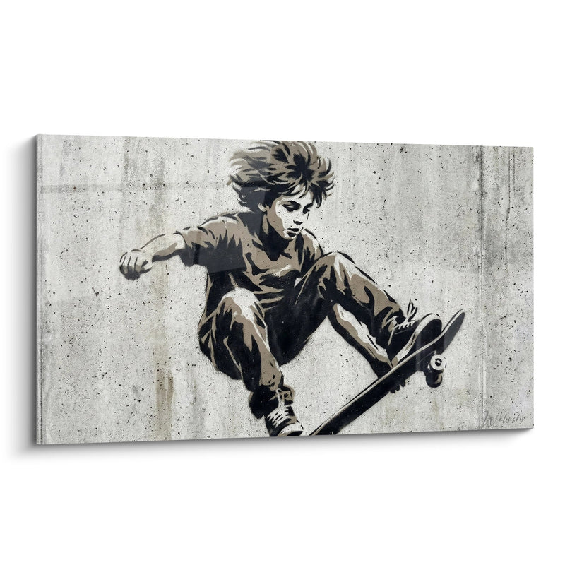 Quadro giovane skater in movimento con toni beige e neri - Energia urbana - Edizione Street art stencil