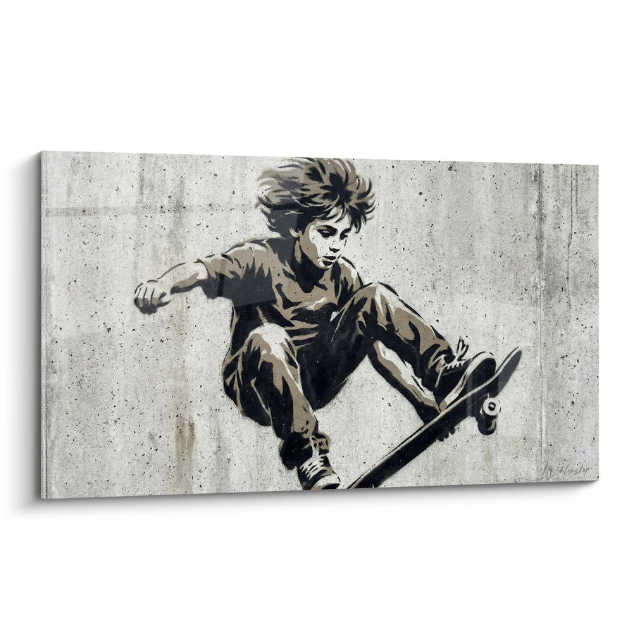 Tableau jeune skateur en mouvement aux tons beiges et noirs - Énergie urbaine - Edition Street art pochoir