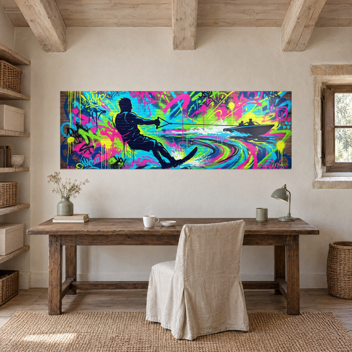 Tableau sportif nautique porté par une vague fluo, murs de briques peints en vert et magenta, au-dessus d'un bureau en bois