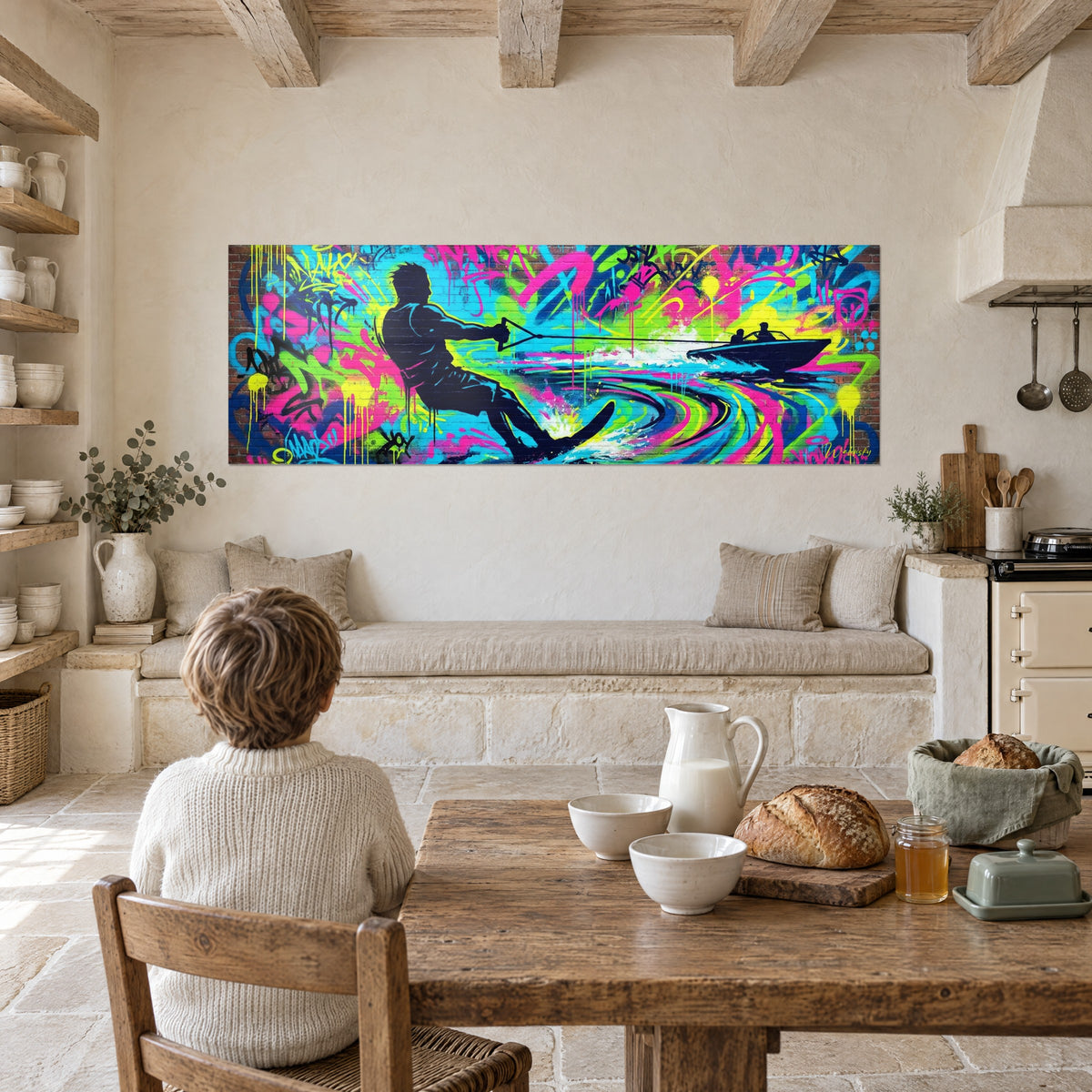 Tableau vedette tractée par un hors-bord noir, éclaboussures blanches, coulures jaune fluo et rose, mur beige d'une cuisine