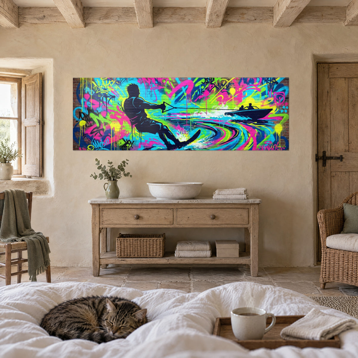 Tableau silhouette navy sur skis, sillage rose et cyan tourbillonnant, au-dessus d'un lit dans une chambre claire
