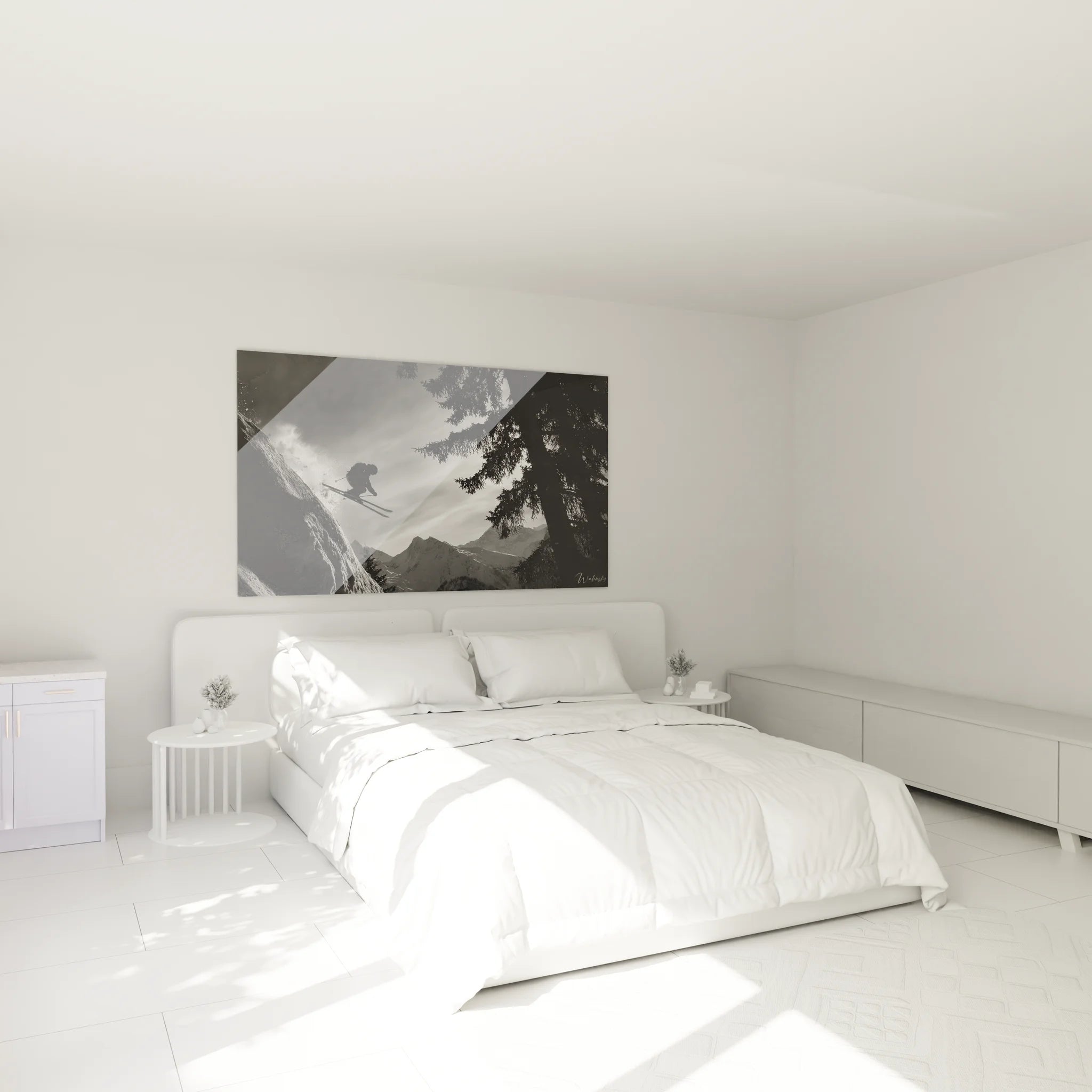 Ambiance chambre avec tableau skieur montagne noir blanc art mural sport hiver décoration moderne