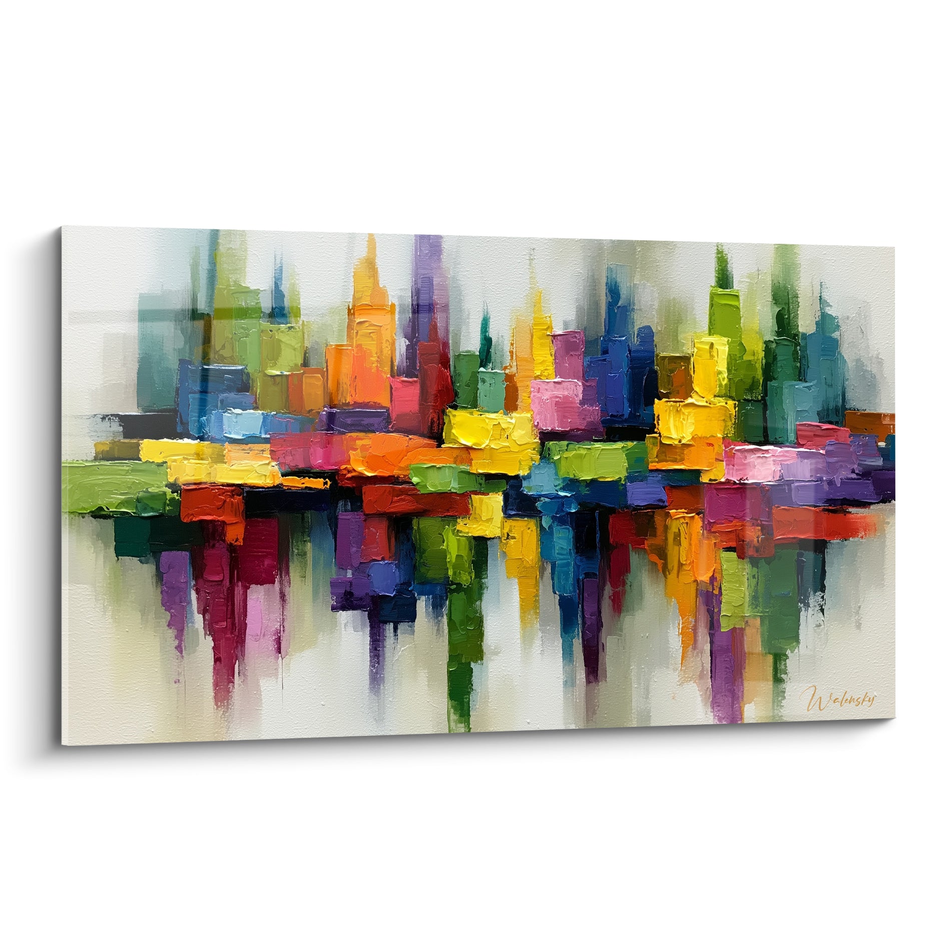 Skyline abstraite en jaune moutarde et bleu marine aux empâtements texturés sur toile claire