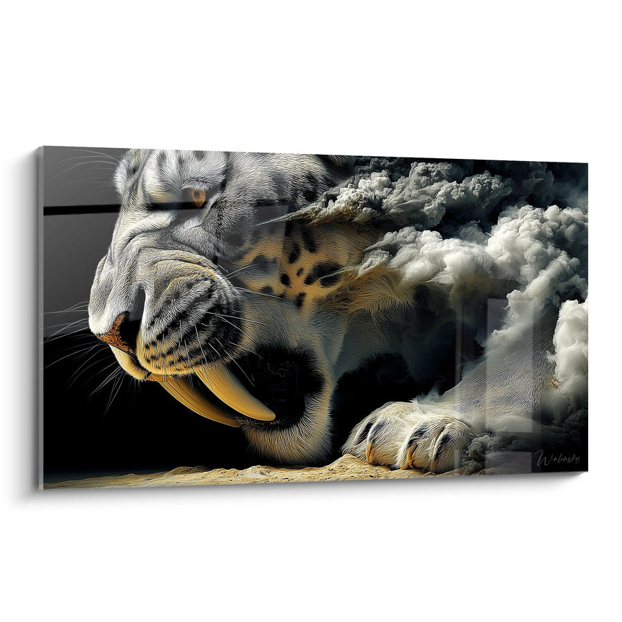 Tableau Smilodon rugissant dans la brume - Prédateur légendaire - édition Tigre à dent de sabre
