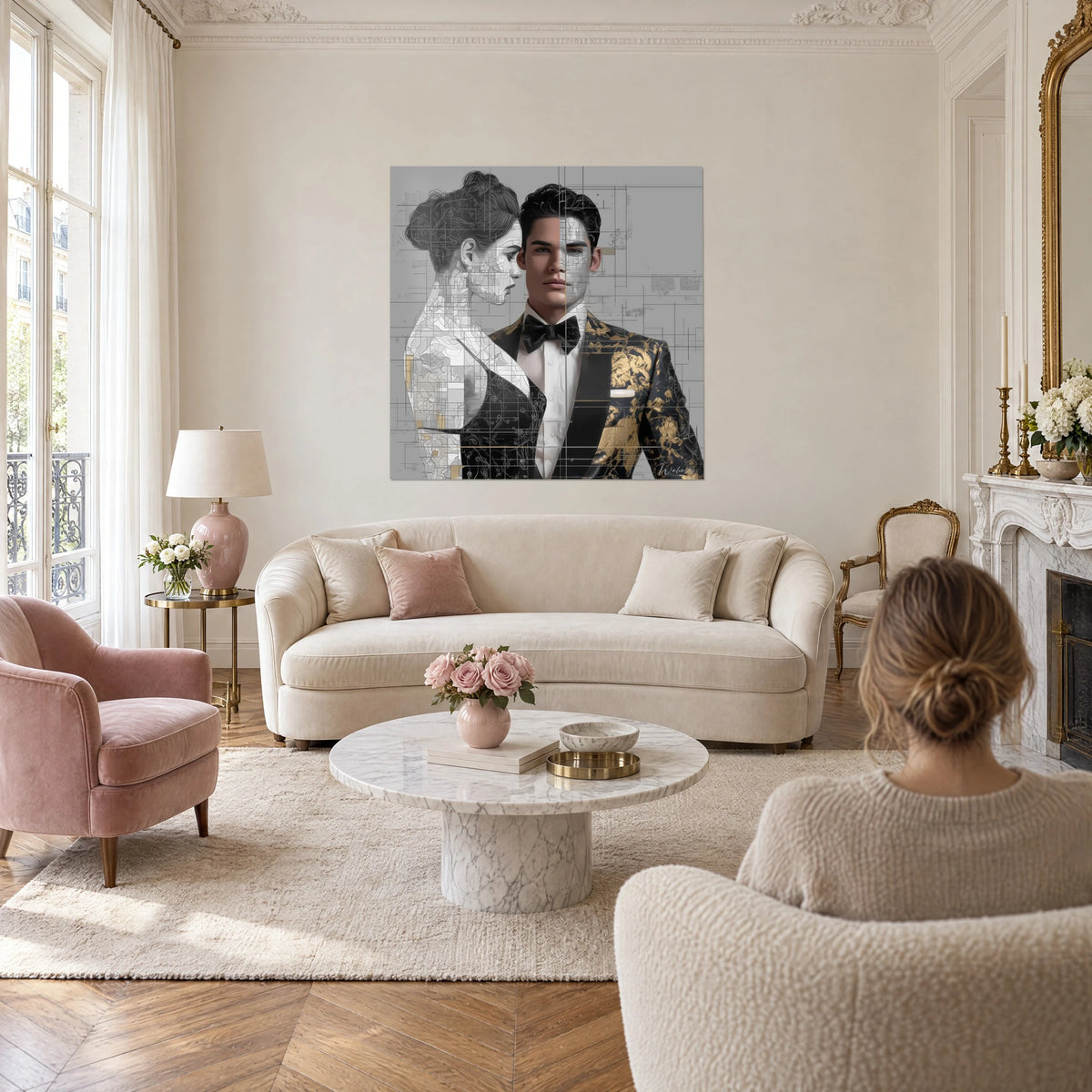 Schilderij jonge man in zwarte en gouden smoking, grijs vrouwenprofiel ernaast, fijn raster, boven een bank in een lichte woonkamer