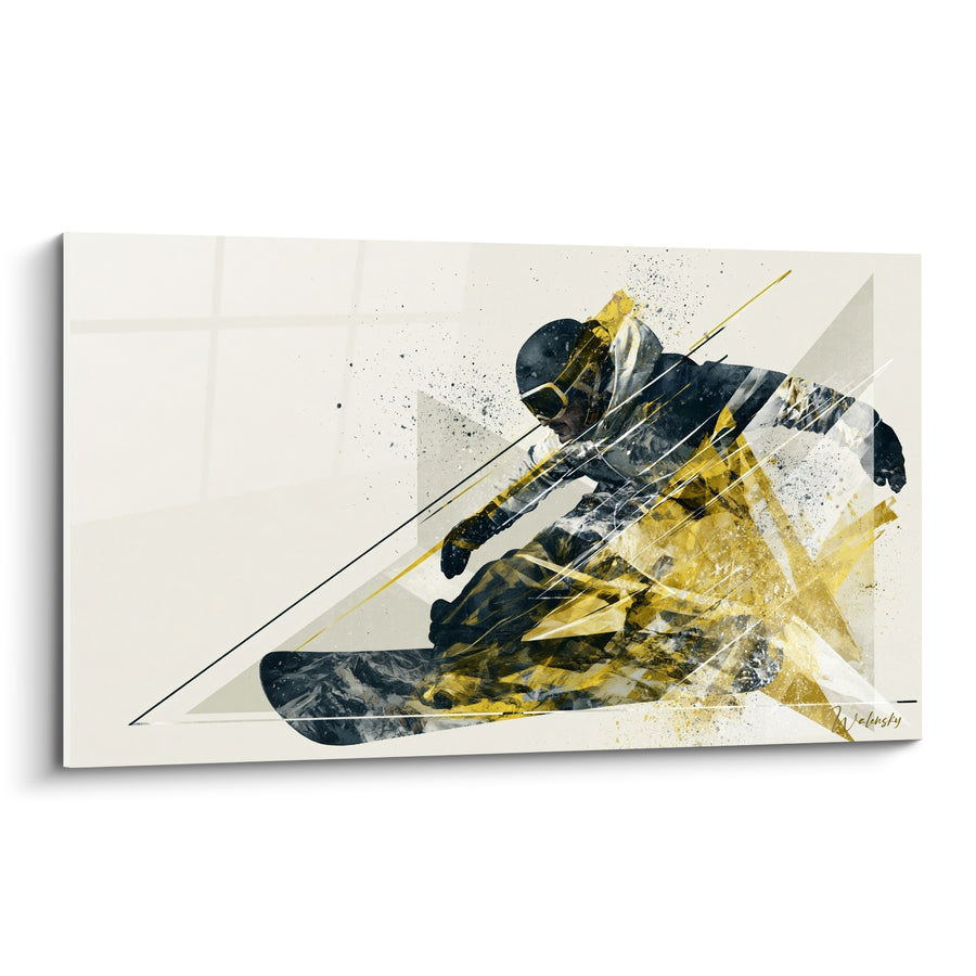 Tableau Snowboardeur noir et doré aux fragments géométriques - Éclats de verre - Edition Snowboard