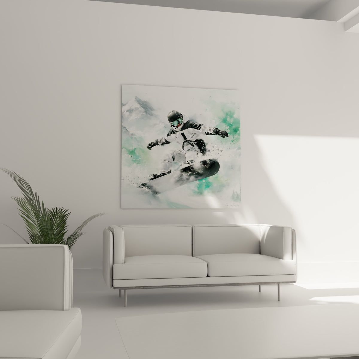 Planche noire et blanche éclaboussée de neige sous un snowboardeur, au-dessus d'un canapé dans un salon lumineux