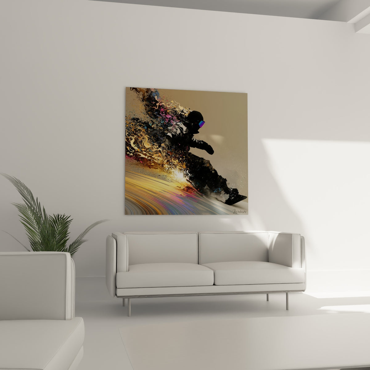 Rider anthracite dévalant une pente imaginaire, tourbillons roses et dorés, au-dessus d'un canapé dans un salon lumineux