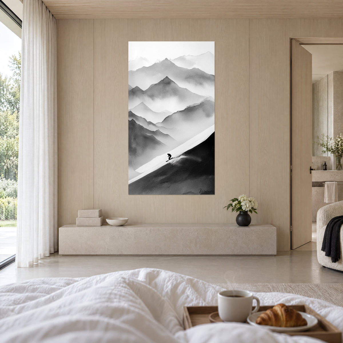 Wall art of a snowboard run down a snowy ridge, black and pearl grey watercolour, mist between the peaks, above a bed in a bright bedroom