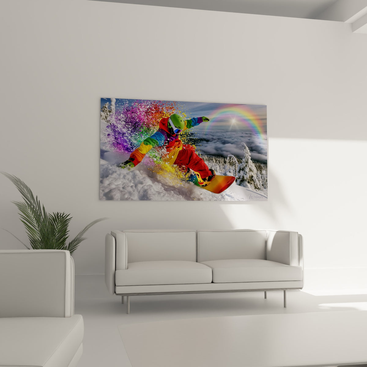 Sportif en snowboard jaune et bleu entouré d'éclats colorés, au-dessus d'un canapé dans un salon lumineux