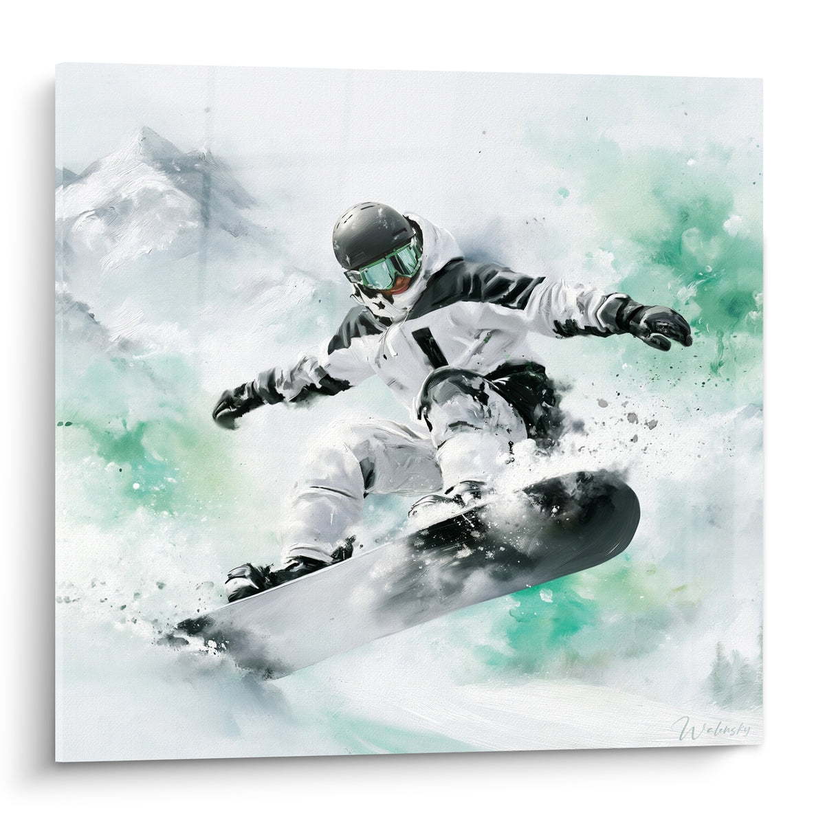 Snowboardeur en combinaison blanche et noire suspendu dans un saut sur fond vert menthe