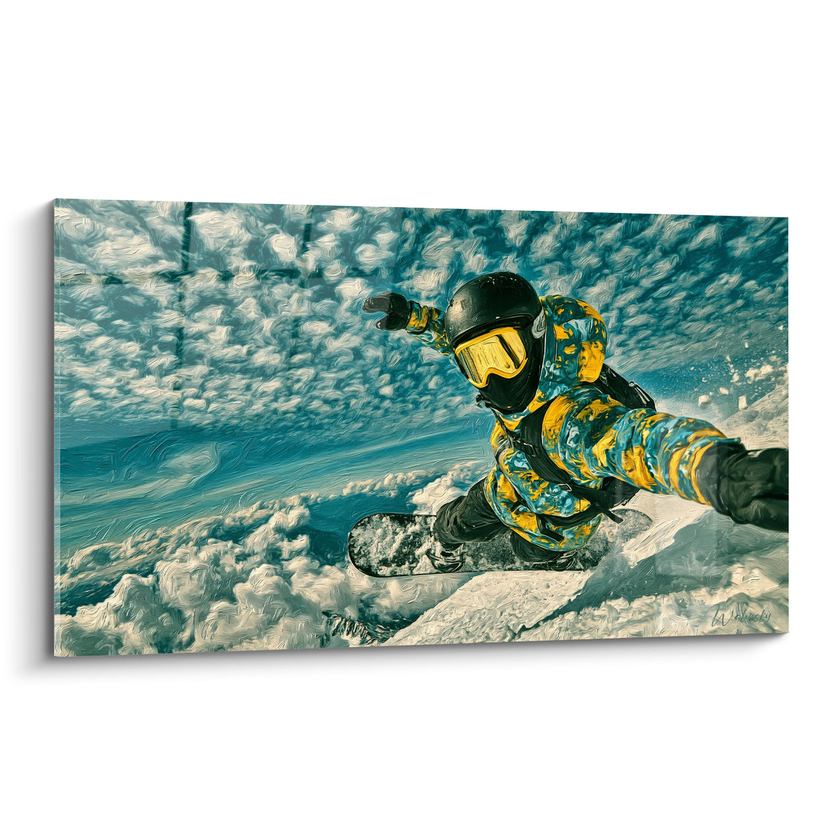 Tableau snowboardeur en combinaison bleue et jaune fonçant au-dessus de nuages blancs cotonneux