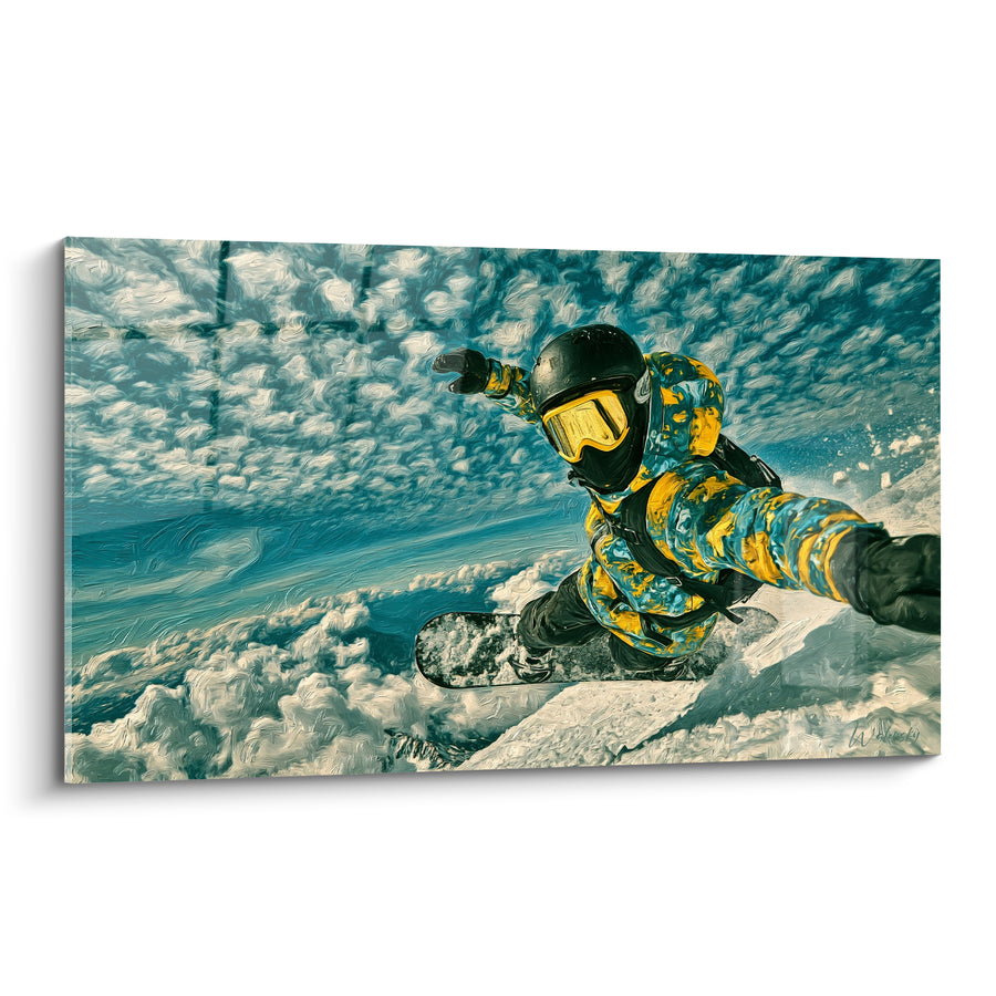 Tableau Snowboardeur turquoise et jaune au-dessus des nuages - Masque doré réfléchissant - Edition Snowboard