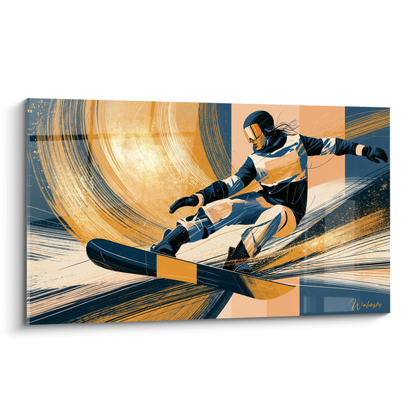 Tableau Snowboardeur bleu marine et doré en virage - Vitesse pure - Edition Snowboard