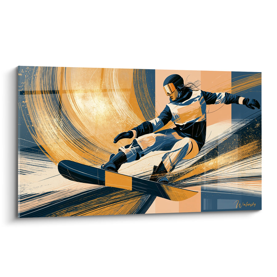 Tableau Snowboardeur bleu marine et doré en virage - Vitesse pure - Edition Snowboard
