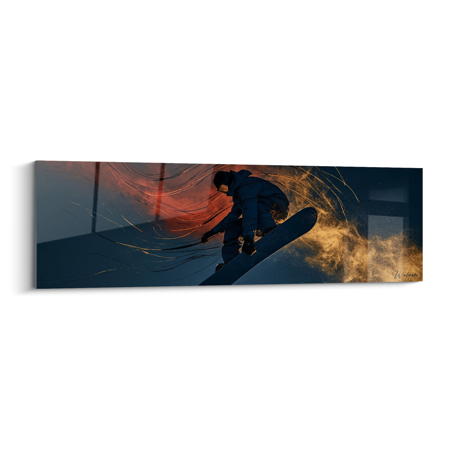 Tableau Snowboardeur bleu marine et rouge tourbillon filaire - Nuage de particules dorées - Edition Snowboard