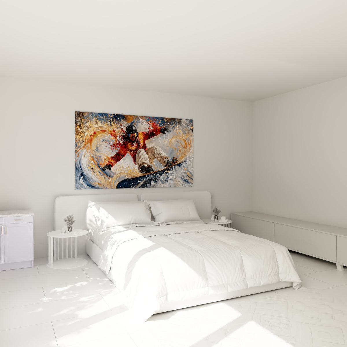 Rider casqué aux teintes orangées et bleu marine dominant les vagues de neige, au-dessus d'un lit dans une chambre claire