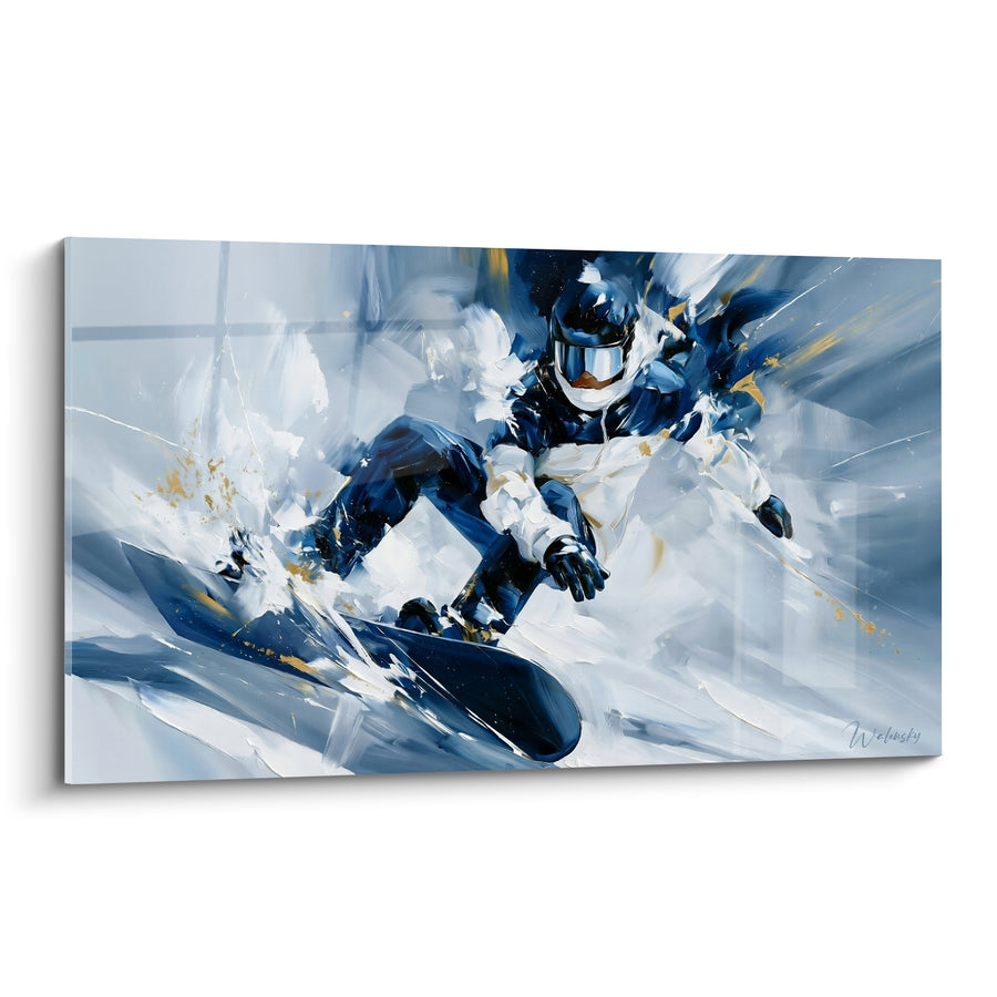 Tableau Snowboardeur bleu marine et blanc en virage serré - Éclats de neige projetés - Edition Snowboard