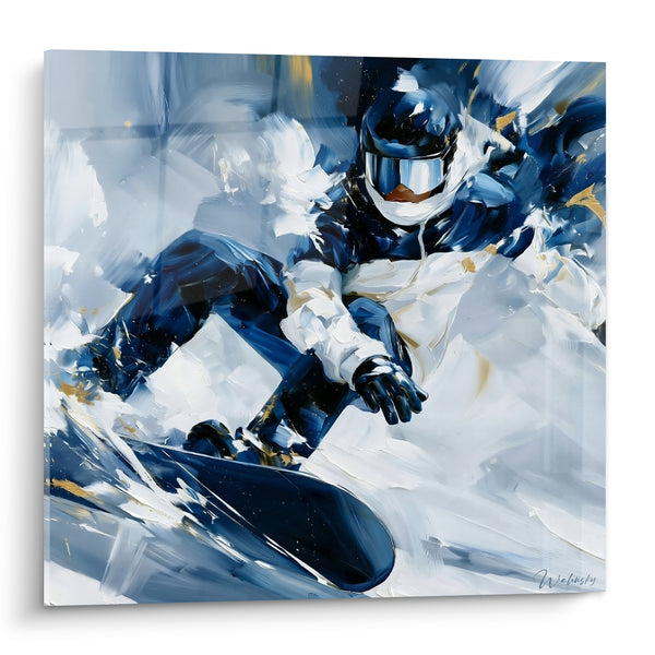 Tableau Snowboardeur bleu nuit et blanc aux touches dorées - Visière miroir givrée - Edition Snowboard