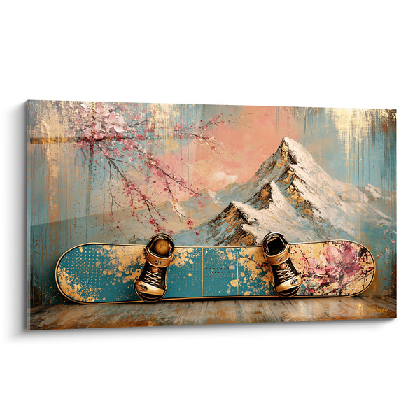 Tableau Planche bleue et dorée aux fleurs de cerisier - Évasion printanière - Edition Snowboard
