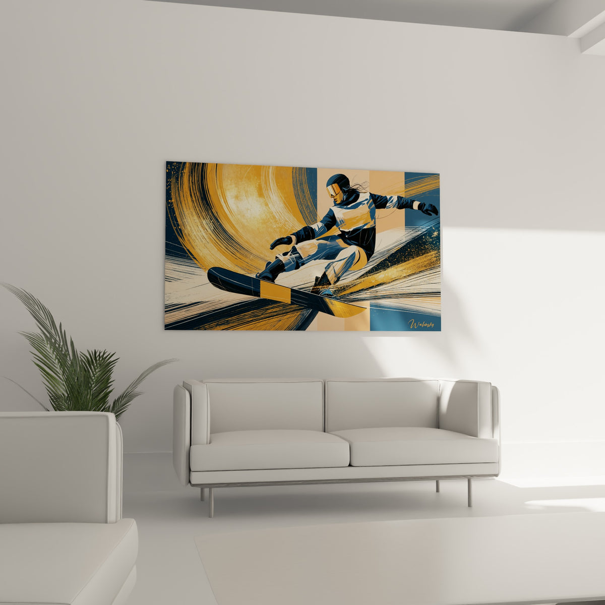 Snowboard bicolore orange et bleu marine, geste sportif figé, au-dessus d'un canapé dans un salon lumineux