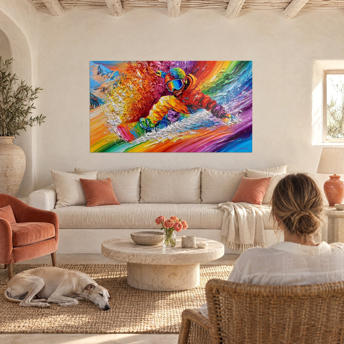 Schilderij van snowboarder in oranje en gele outfit, regenboogmasker, straal witte poedersneeuw, boven een bank in een lichte woonkamer