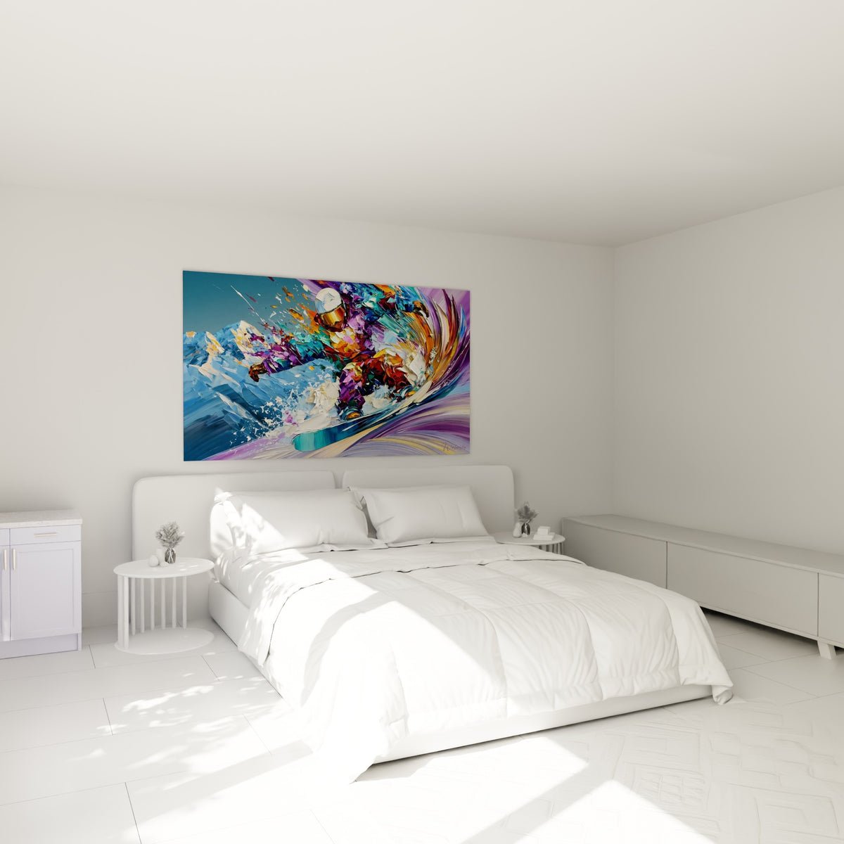 Rider au casque blanc et combinaison pourpre suspendu au-dessus d'un lit dans une chambre claire