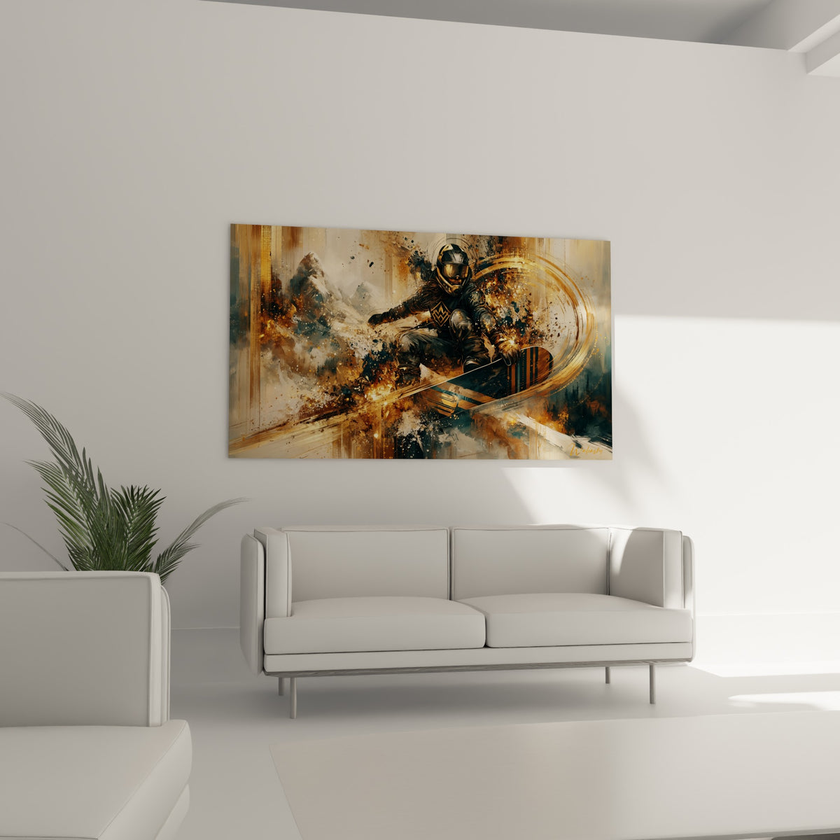 Casque doré réfléchissant et gestes figés de la descente, tableau placé au-dessus d'un canapé dans un salon lumineux