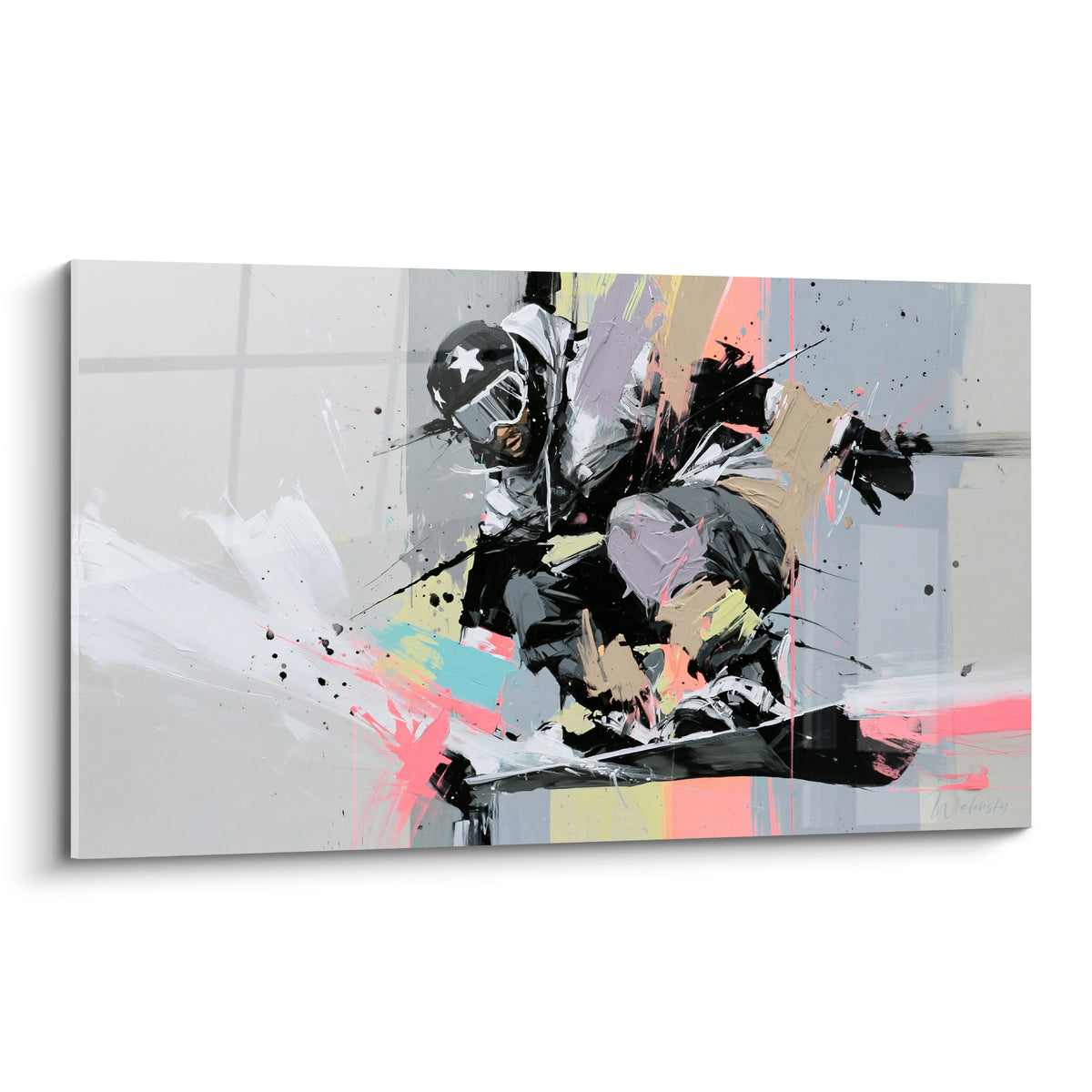 Tableau snowboardeur casqué en gris et beige, éclats de rose fluo, geste peint au couteau